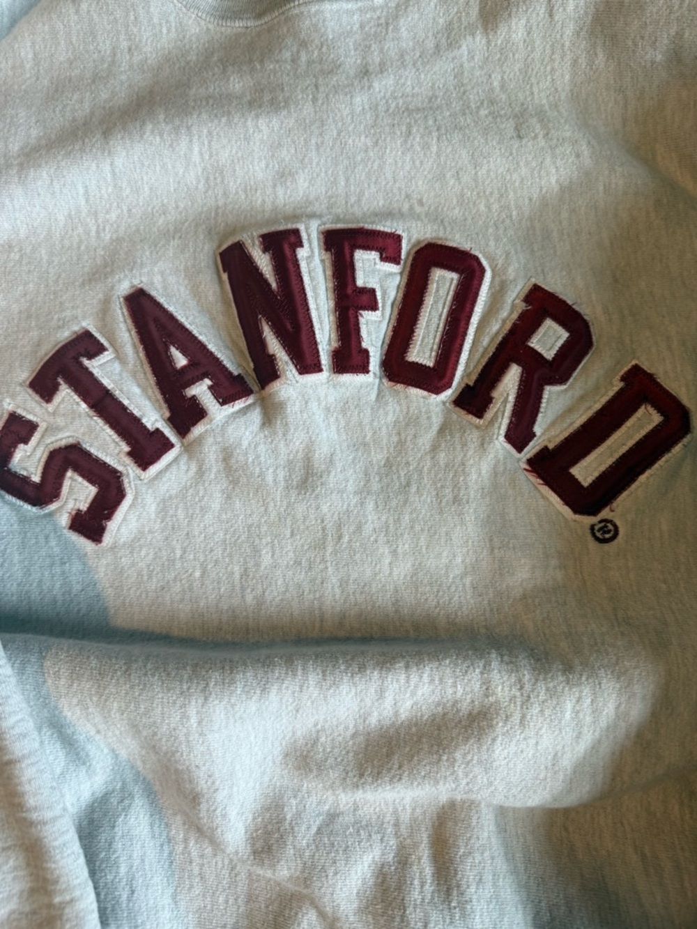MV Sport Stanford Light Blue Crewneck Sweatshirt with Maroon Appliqué